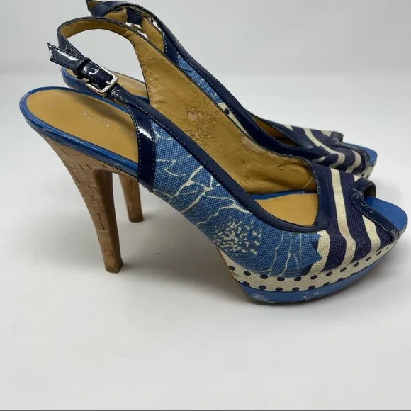 Nine West Blue Patterned Cork Heel Slingback Peep Toe Pumps Size 10 - Picture 4 of 8